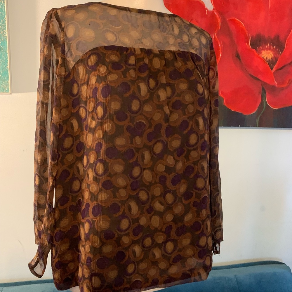 W By Worth 100% Silk Brown Print Blouse Top Shirt Size 4 S Small